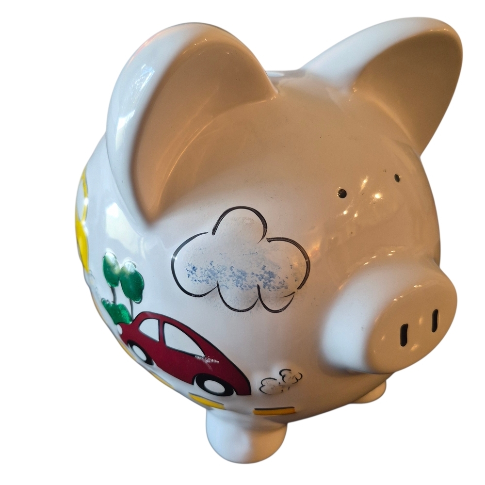 Child To Cherish Nordstrom Piggy Bank White Ceramic Colorful Cars Clouds